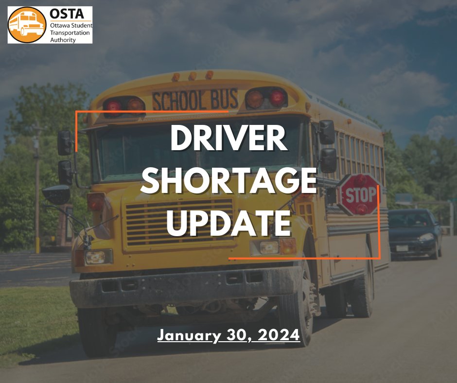 OSTA is providing the latest update with respect to bus driver shortage: 🚍 No significant change since last update 🚍 Currently short 14 drivers with 1% of all transportation services not covered. 🚍 16 new drivers in training For more information: ottawaschoolbus.ca/osta-provides-…