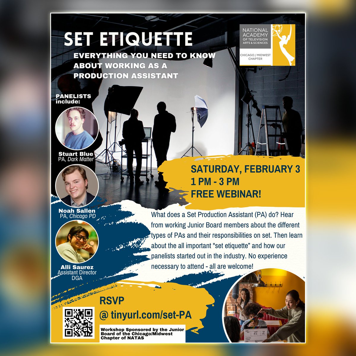 Learn everything you need to know about working as a Production Assistant! From 1pm-3pm THIS Saturday, we're hosting a FREE webinar where our panelists will share their experiences working on set. All are welcome - no experience necessary.

RSVP: tinyurl.com/set-PA