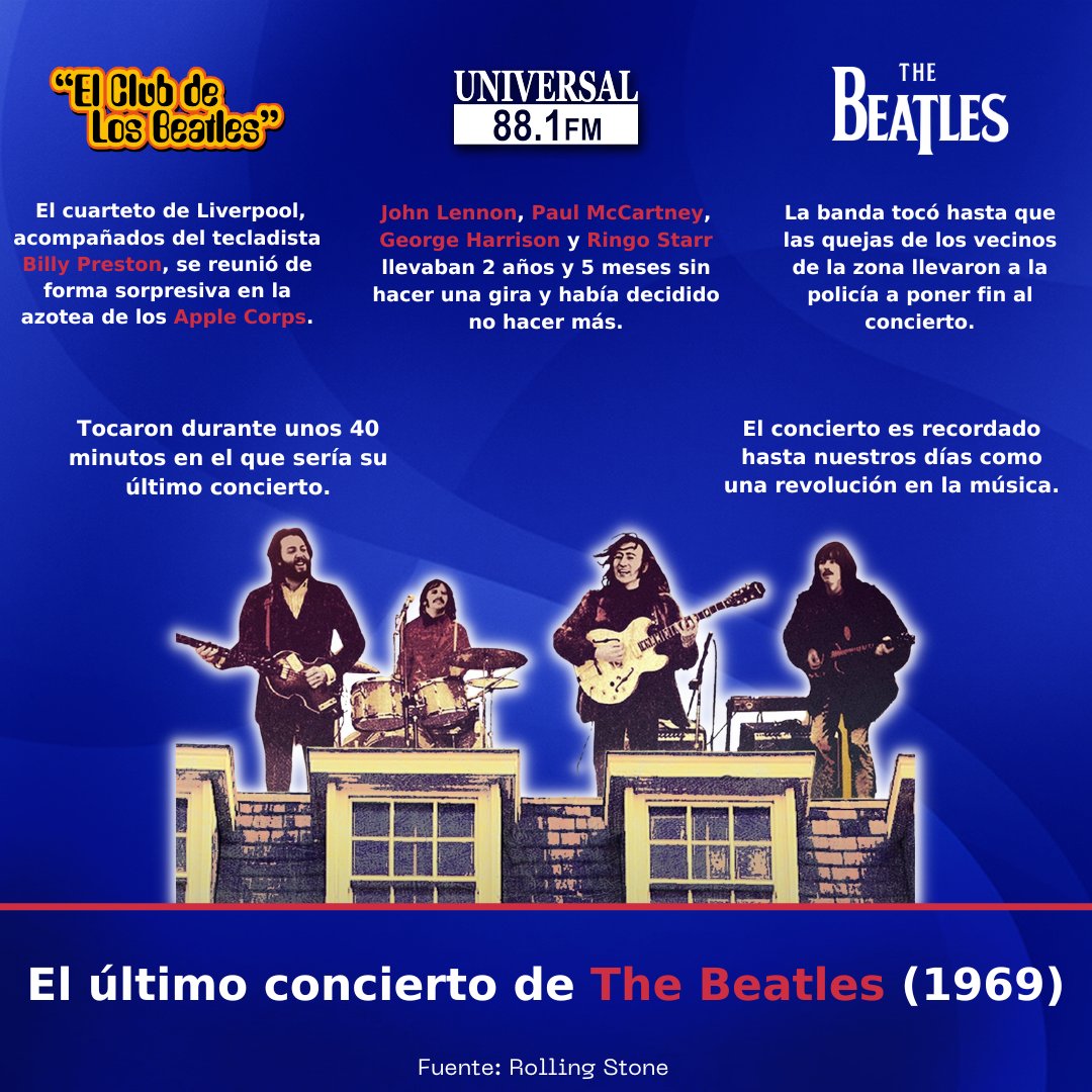 #ElClubDeLosBeatles 📻
🎶 El espectáculo duró 40 minutos y fue grabado en dos máquinas de ocho pistas con la producción de Glyn Johns como ingeniero de sonido y Alan Parsons como operador de cintas. 🎚️🎛️

📻 Universal 88.1 FM
🖥️ universal881.com