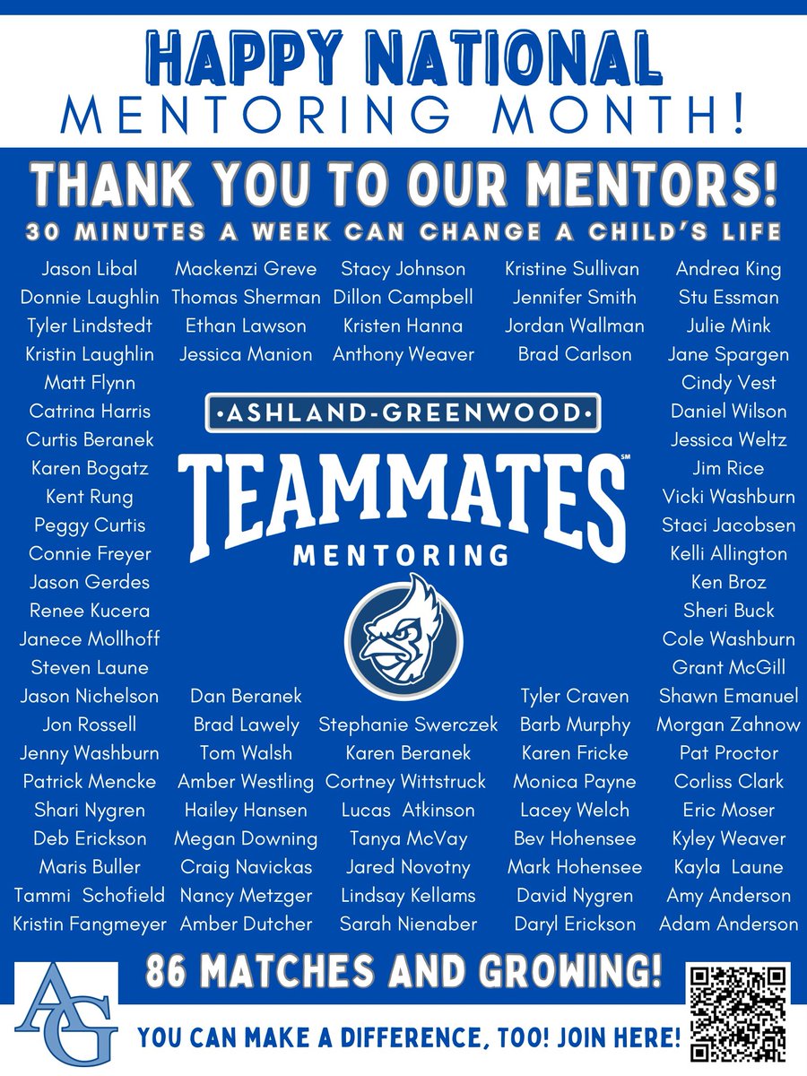 GoBluejays1's tweet photo. January is National Mentoring Month! Thank you to our 86 mentors who continue to impact AGPS students through mentoring! The relationships you build make a difference for the students who are lucky enough to get to meet with you. 
Become a mentor today: https://t.co/q3x0ERZuEx https://t.co/ipmDMxv82p