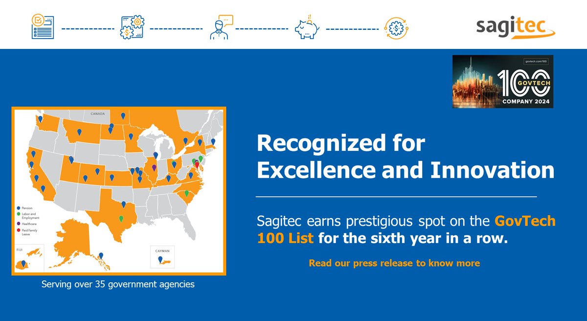 The GovTech 100 List showcases the leading organizations at the forefront advancing technology for government and public sectors. 

Sagitec is honored to be included in this list for the sixth year in a row. Learn more by reading our press release: hubs.ly/Q02j94mL0