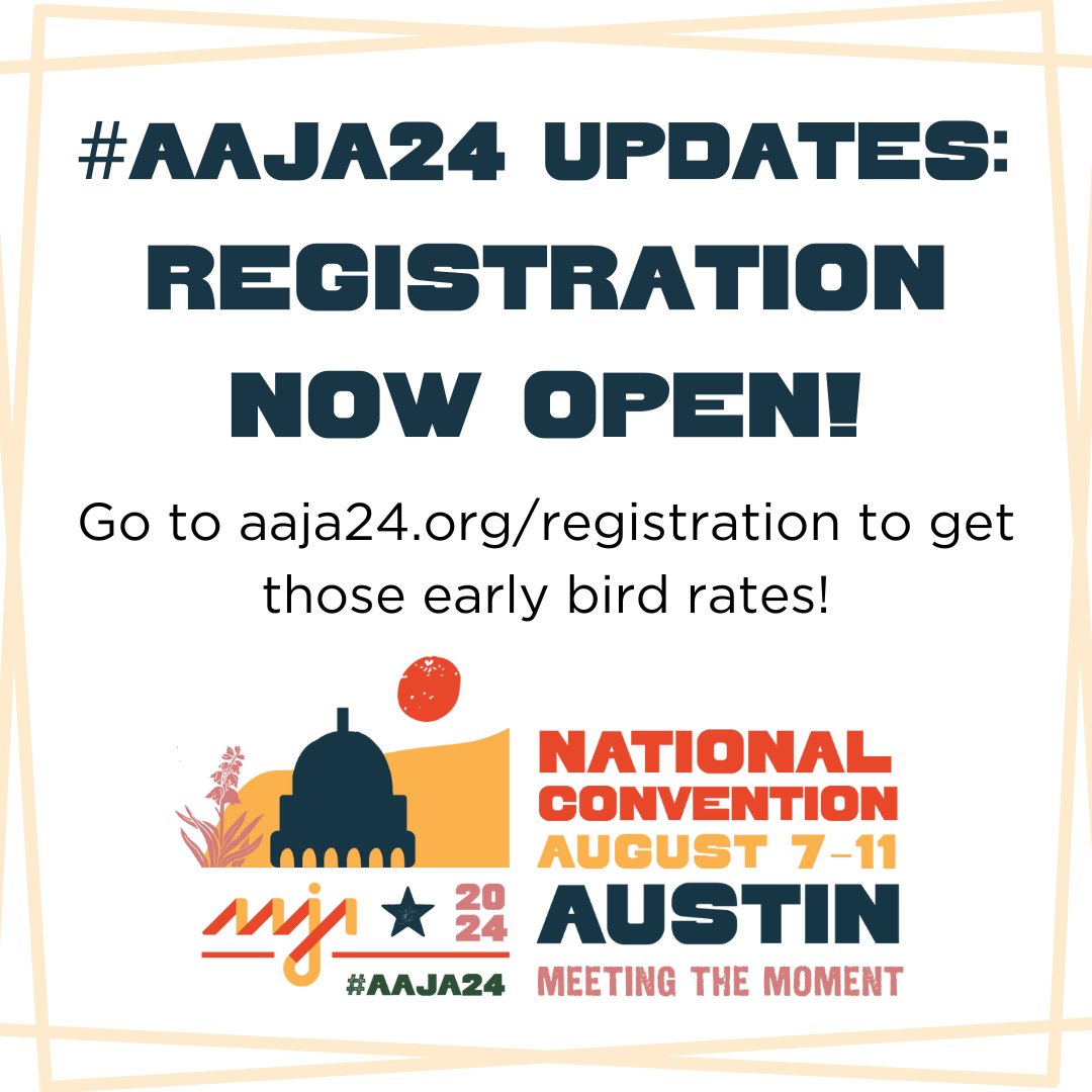 The moment you’ve all been waiting for…#AAJA24 Registration is NOW OPEN! This year’s theme is Meeting the Moment. It recognizes that amid tough times, our work as AAPI journalists is more important than ever. Don’t miss out on these early bird rates: aaja24.org/registration.