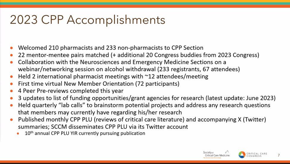 Another amazing turnout at the @SCCM_CPP 2024 Section Business meeting! Just look at what we've accomplished in the past year! 🐐 #PharmICU @SCCM #SCCMSoMe @karenccrx @MeganARech @HeavnerPharmD @CBthePHARMD @SESmithPharmD @SICUPharmD @AmyDzierba @BissellBrittany @JoannaCCPharmD