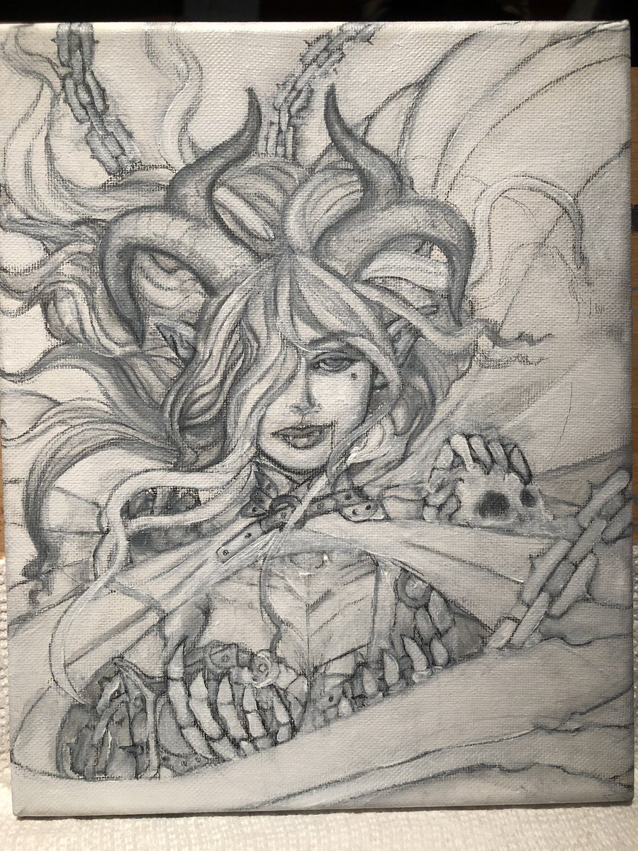 IguanaCashmere's tweet photo. A little WIP of the painting I’m doing for the cover of my one shot that’s currently in play testing. #dnd #dnd5e #adventurersleague #dungeonmaster #tiefling #ravenloft #characterart #traditionalpainting https://t.co/AlCwqzG7i8