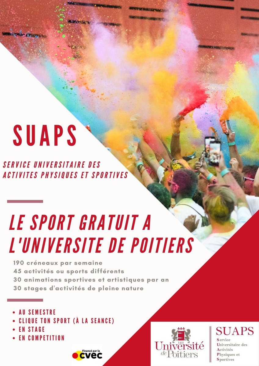 Portes ouvertes <a href="/UnivPoitiers/">Université de Poitiers</a> , samedi 10 février 2024.
Venez découvrir l’offre du SUAPS au cœur des infrastructures sportives et échanger avec les enseignants sur 
les activités physiques, sportives et artistiques pour tous les étudiants 👍 #cvec #univpoitiers #cliquetonsport
