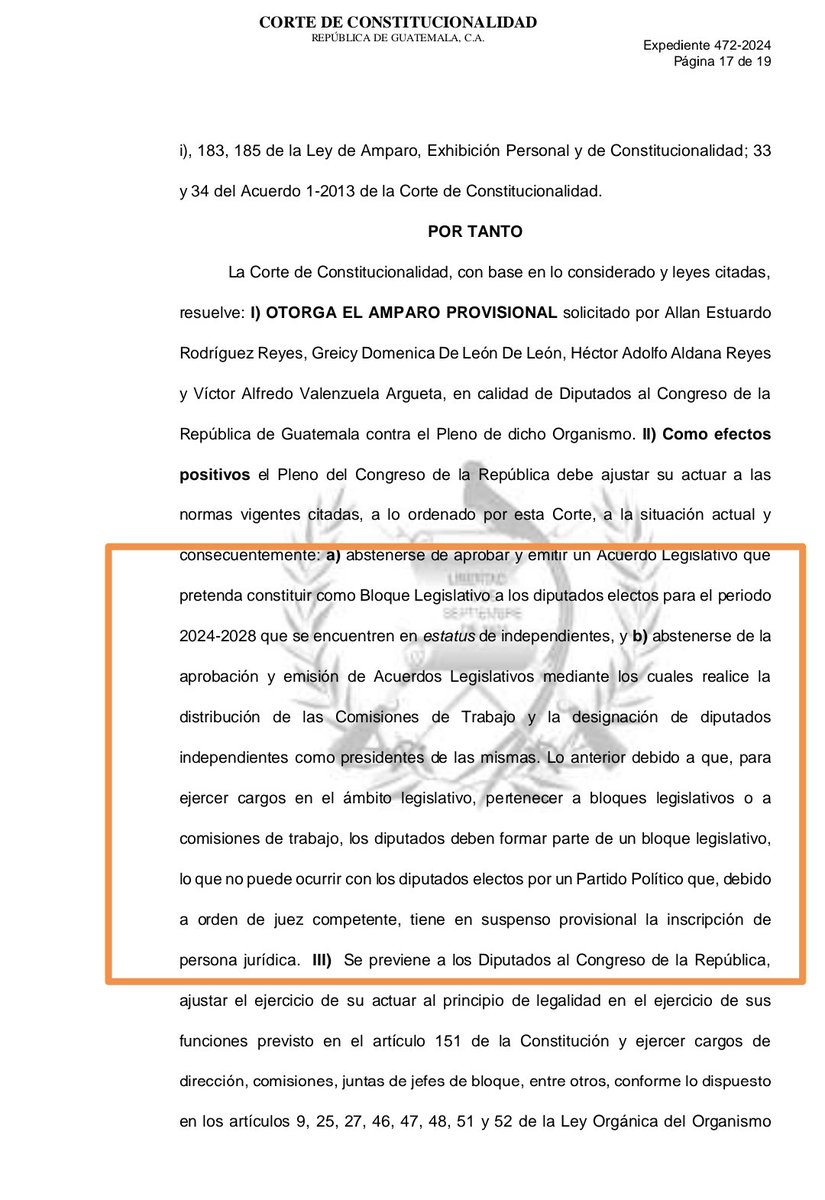 #AmparoProvisional

- @CC_Guatemala resolvió (otra vez) que Diputados de @msemillagt son INDEPENDIENTES (por orden de juez penal)

- No pueden conformar Bloque ni Comisiones ni Junta.

- No se puede contrariar a la CC con Acuerdo Legislativo.

* ¿Hoy sí está claro @Nery_RamosR?!