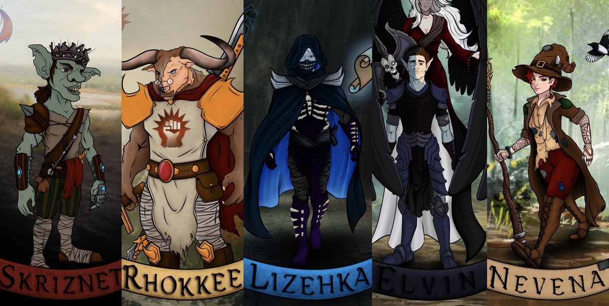 Init_Syndicate's tweet photo. Final arts for all the characters in our first campaign! We are back tomorrow evening at 7:00pm EST for our campaign! Come check it out live! Also feel free to come chat with us on our socials and Discord! The links to all are in our bio. #dnd #dungeonsanddragons https://t.co/S87CedVqnu