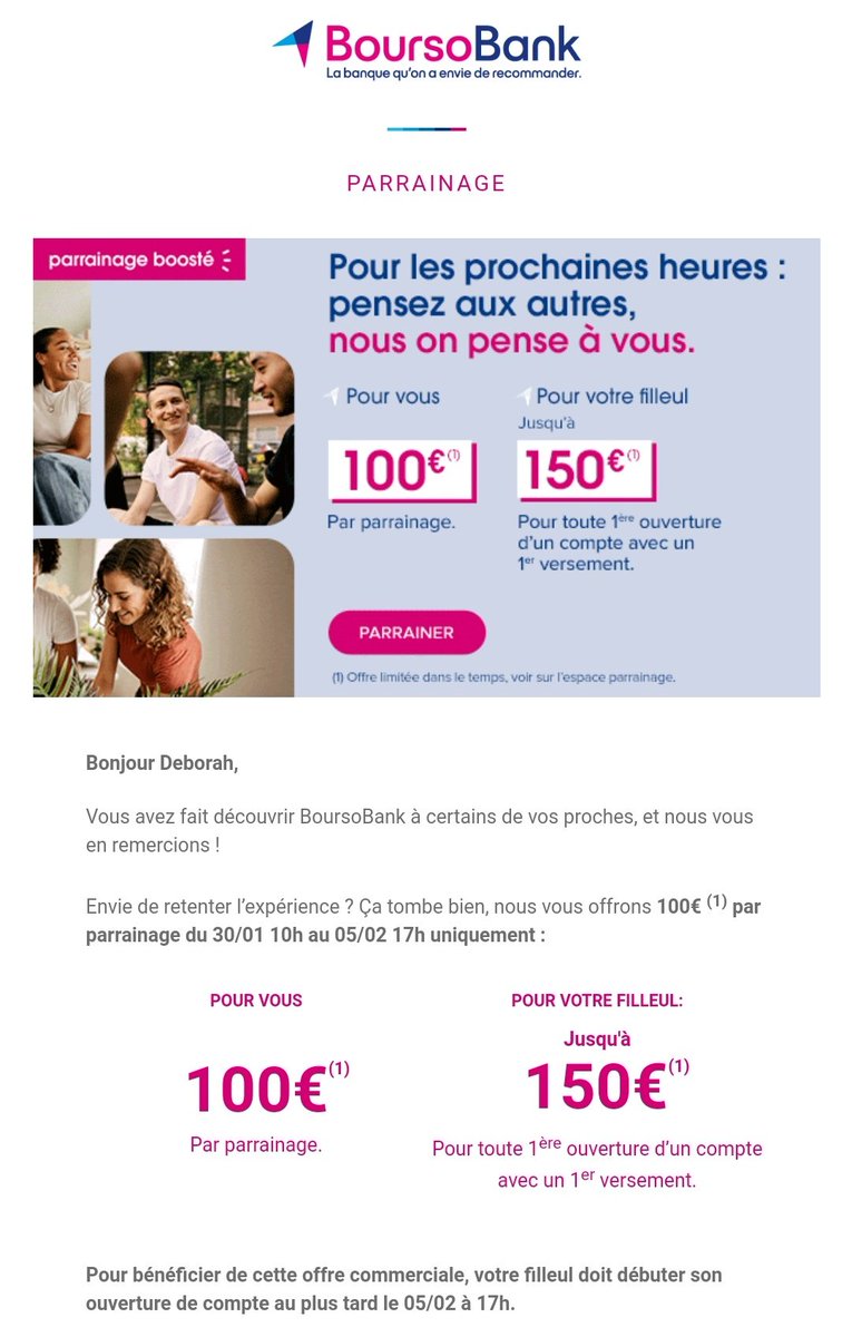 Parrainage BoursoBank : DEME5921

150€ pour toute première ouverture de compte avec un premier versement.

L'argent arrive vite, donc si les temps sont durs et que vous avez besoin d'ouvrir un compte, hésitez pas !