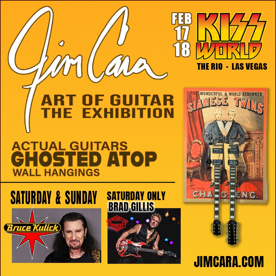 caraguitars's tweet photo. JIM CARA PBS- GUITAR MAKER TO THE STARS, 

This is his Exhibition of removable guitars ghosted atop museum quality canvas hangings.  Visit https://t.co/Rix9NTjqHE for the Grail of Special Effects Guitars Special guests include, @brucekulick @kiss @KISSWorldLV https://t.co/noF4xMMQuu