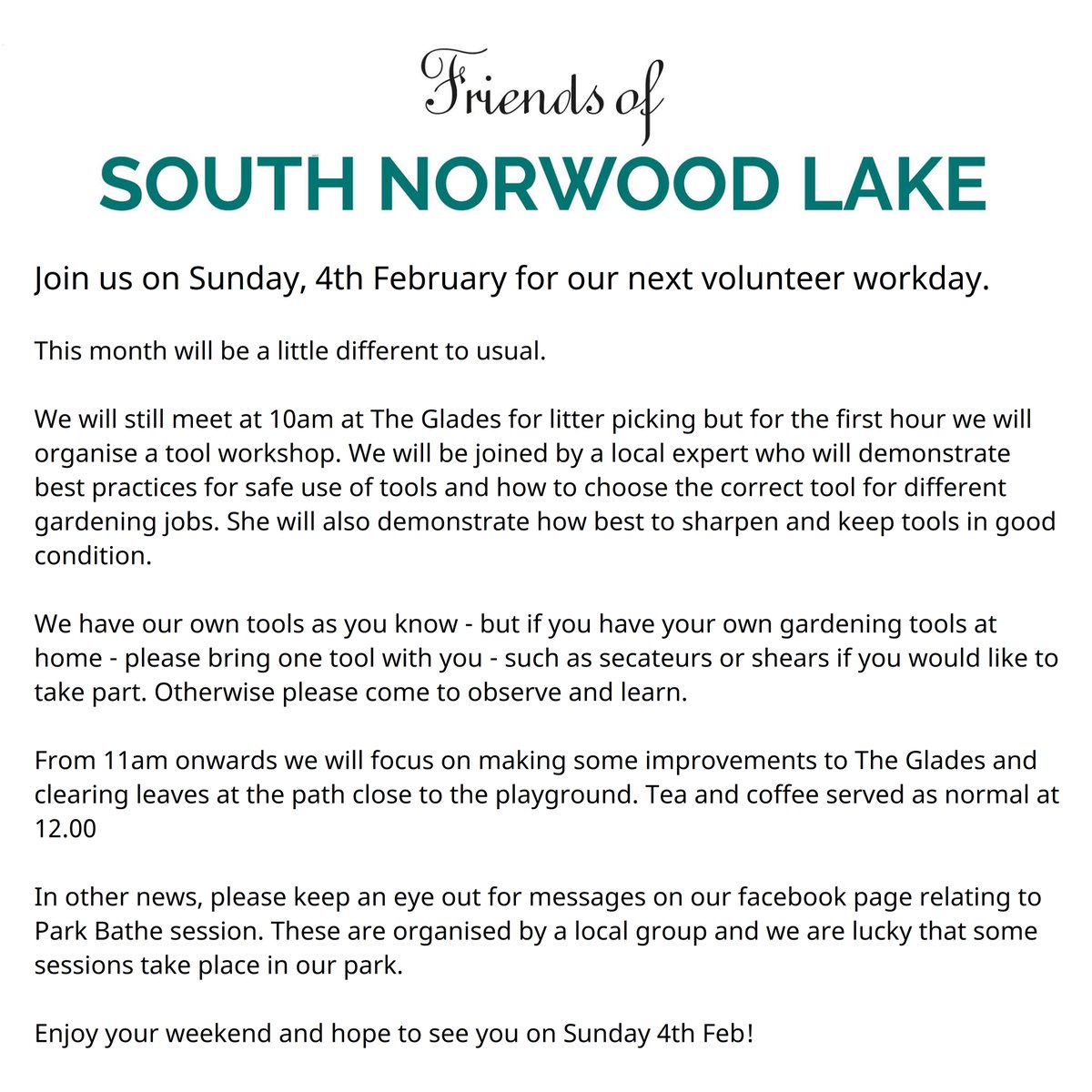 Friends of South Norwood Lake & Grounds have their volunteer workday this coming Sunday.  Details below.  They can be contacted via their Facebook page which is here: facebook.com/groups/5978297…

#SouthNorwood #SE25 #SouthNorwoodLake #CleanUpCrew #Conservation #Croydon