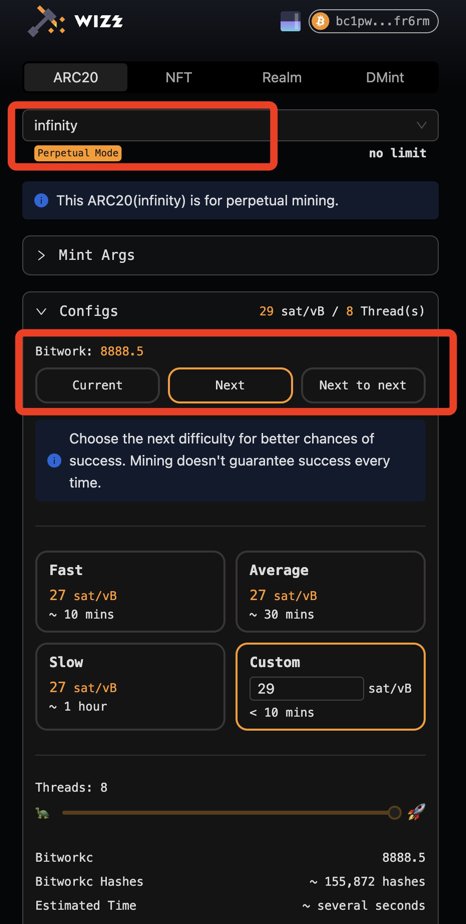 蹲到现在，#Atomicals 的无限难度代币中，看起来共识最强的是 #infinity ♾️，第一个被部署+名字也不错，大概两小时，<a href="/wizzwallet/">Wizz Wallet 🧙⚛️ - Make Bitcoin Magical Again</a>索引显示已经打了14000+张，可见下图1。

目前难度是4，每53328张增加一位难度，20w张到8难度，30w张到10难度，总量无限，算起来大概能流通的量也就在50w张左右？
