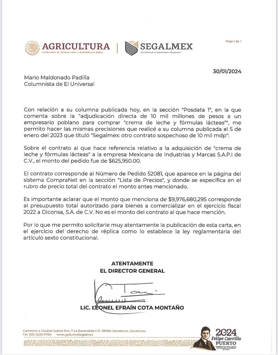 LeonelCotaM's tweet photo. A la opinión pública y ejerciendo el derecho de réplica me permito precisar lo siguiente : 

@El_Universal_Mx @mariomal @JesusRCuevas @Segalmex_Mex @SegalmexLiconsa @GobiernoMX @Agricultura_mex https://t.co/TwyR5nVjHv