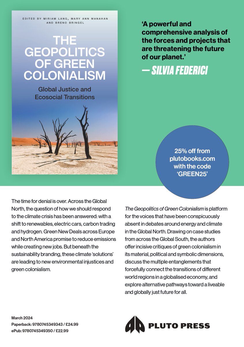 📢Delighted to announce that our book on green colonialism is already on pre-order with <a href="/PlutoPress/">Pluto Press</a>: 
bit.ly/42Ak9Sp

This is what Silvia Federici says about our book: 
'This is a most essential reading for those struggling to create a world where "life is at the center"