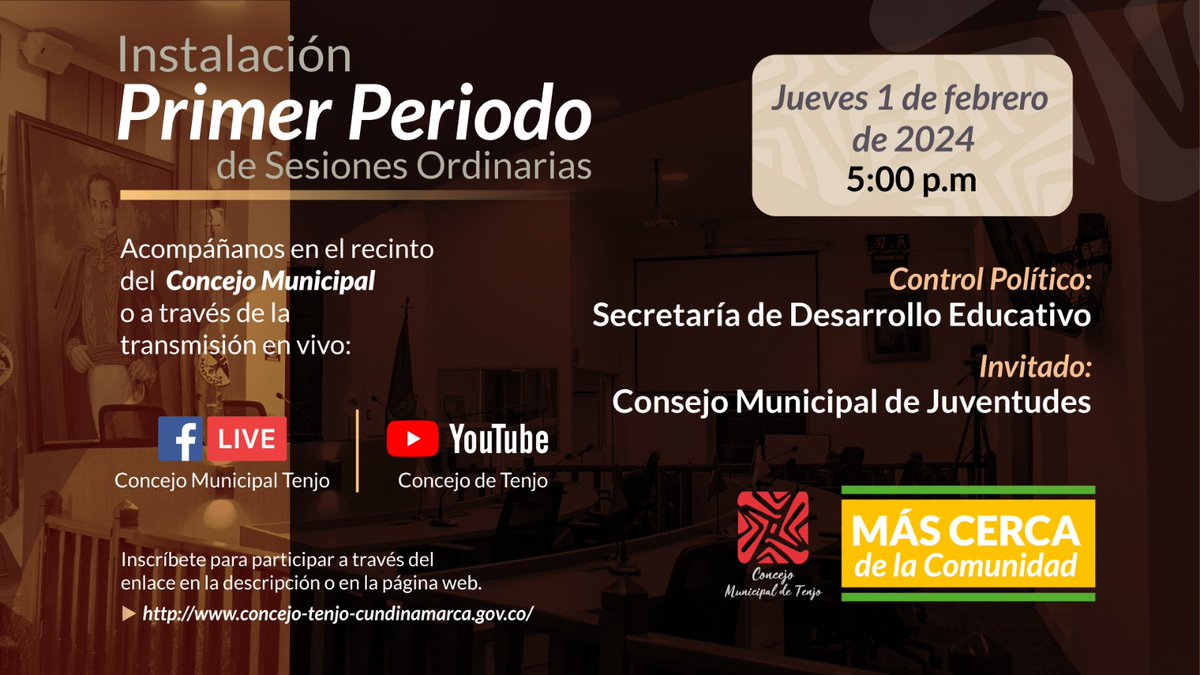 ¡Instalación Primer Periodo de Sesiones Ordinarias!

Inscripciones para participar a través del siguiente enlace: 
forms.gle/rXngcevNHo7hej…

#ConcejoDeTenjoMásCercaDeLaComunidad