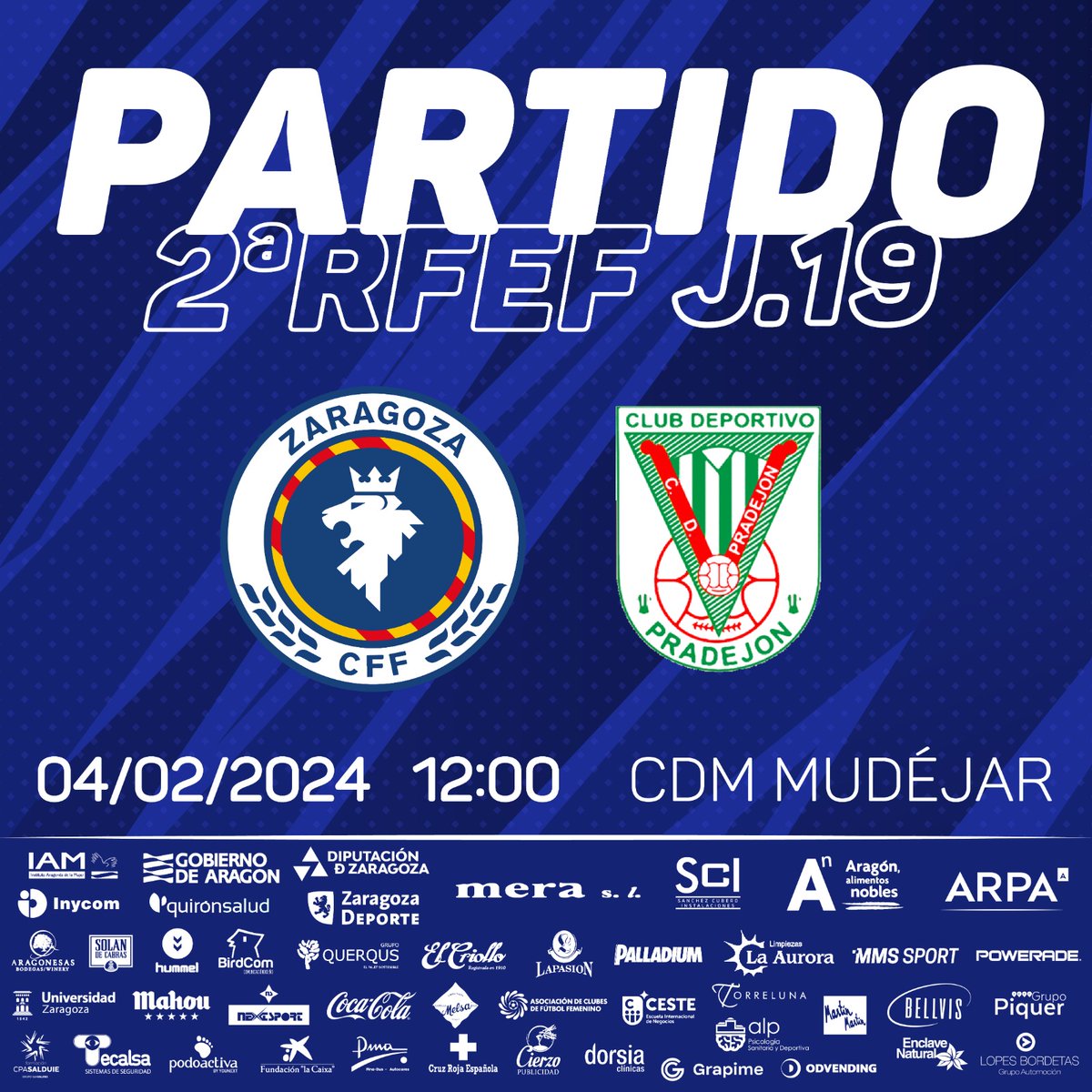 🕕 Horarios

👉 Este domingo a las 12 en el CDM Mudéjar recibimos al <a href="/CDPradejon/">CD Pradejón</a>

¡Esperamos todo vuestro apoyo para seguir con la racha! 🙌

#ZaragozaFemenino 
#zaragozacff💙