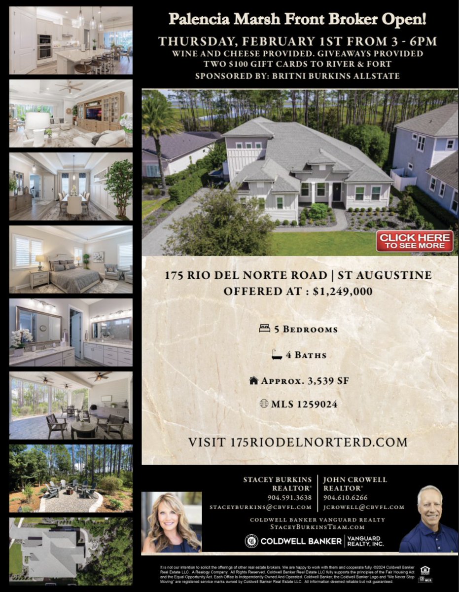 staceyburkins's tweet photo. Real Estate Agents, this one is for you! Join The Stacey Burkins Team for a Broker Open as we show you around this Luxury Marsh Front Listing in the gated Palencia Community.

John Crowell: (904) 610-6266
 
Find more information here: https://t.co/yw51cl1uTu https://t.co/iE7YXSgJkT