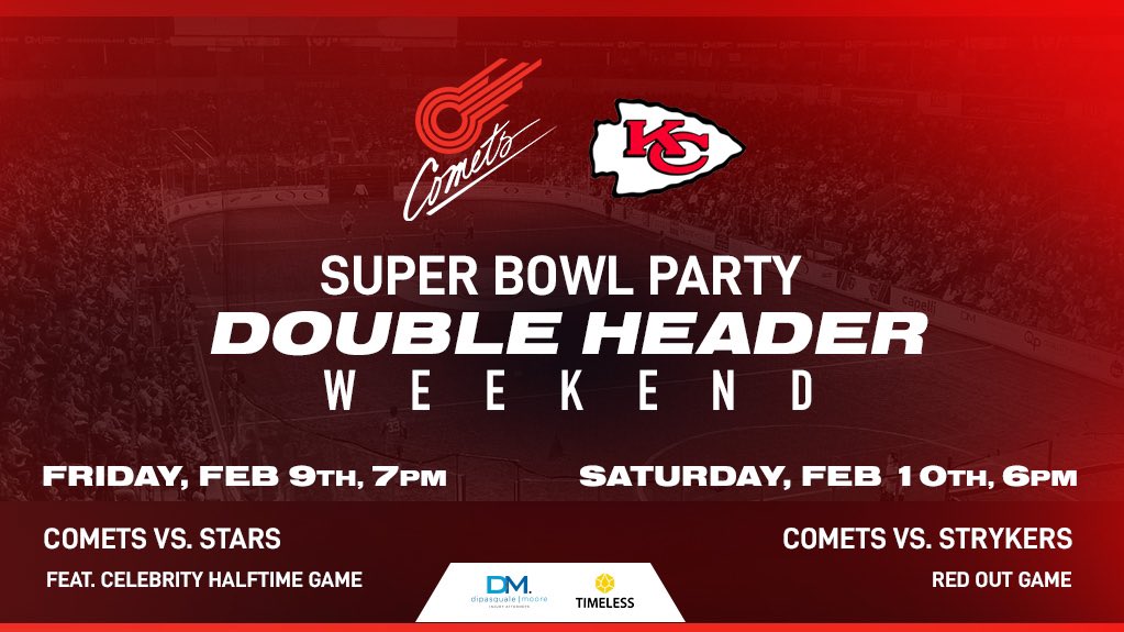 Before the @Chiefs finish off their back-to-back Super Bowl campaign, the Comets will host a back-to-back at @CDArenaKC. Fri, Feb 9 - Celebrity Game Sat, Feb 10 - RED OUT 🎟️: kccomets.com/tickets