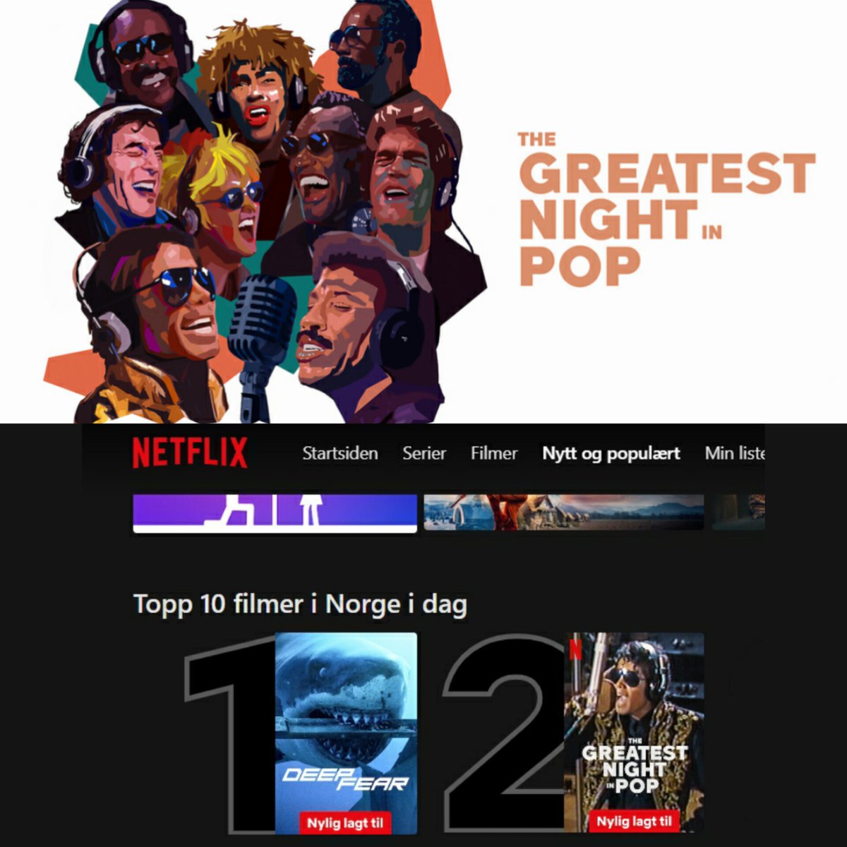 sebasmjjj's tweet photo. "La gran noche del pop", el nuevo documental sobre la creación de "We are the world" se encuentra actualmente en el puesto número 2 en Netflix de Noruega, y también tenemos a Michael Jackson en la miniatura. 👑

📰 .@CamillaMR2 

#TheGreatestNightInPop https://t.co/CUtn6UvAyG