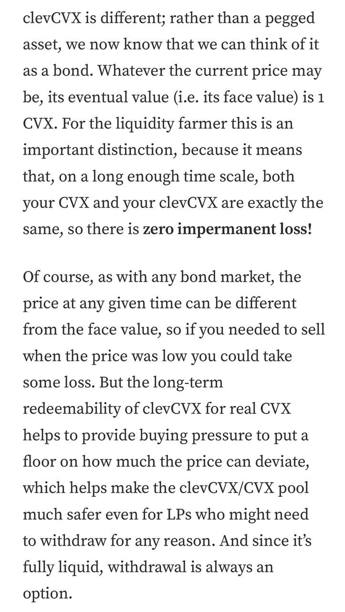 fourmoonsllc's tweet photo. The @ConvexFinance bond from @0xC_Lever - A massive opportunity for CVX bulls. 🐂🐂🐂

💡@Ace_da_Book had a lightbulb moment when trying to quantify the extreme inefficiency in pricing $clevCVX, a synthetic derivative of $vlCVX that gets minted anytime someone takes a loan (up to 50%) against their $CVX deposited in the @0xC_Lever vault.

🍥Depositors have been selling their $clevCVX for other assets (oftentimes more $CVX to loop into the aforementioned vault), which has lead to an extreme imbalance in the @CurveFinance pool. Selling at a loss has created a tremendous opportunity for patient and bullish $CVX investors. How?

🔥$clevCVX can be deposited in the @0xC_Lever Furnace, which currently wields 2.89m $vlCVX power that compounds epochal yield into more $CVX. The $CVX gets distributed to Furnace depositors at a rate of 0.24% per day (87.6% per year). With only 931k clevCVX in the Furnace, these depositors are yielding 3X the rewards of an individual $vlCVX voter!

If you like $CVX (we do - a lot), $clevCVX is a very good way to acquire it at a tremendous discount through the Furnace burns.

💹This process is best defined as a bond, as written about previously: https://t.co/fI3Ry86GEz 

The $clevCVX 'bond' is currently trading at a 26.5% discount to spot CVX and matures in rougly 1 year and 1 month. The price of $CVX is $3.02, but we believe is undervalued for several reasons:
1) $CVX intrinsic value is trading at a 28% discount thanks to research from @OnlyJousting ($4.17)
2) The reflexivity of DeFi yields and underlying assets' appreciating could push the $CVX price multiples higher in 8-13 months.

The $clevCVX Furnace burn will also continue to increase. Just last epoch, the burn rate jumped from 0.07% to 0.24% thanks to larger incentives from @PayPal and @AlchemixFi. The hype around @fraxfinance Fraxtal and liquid staking and restaking token pools should also lead to additional yield increases, which would lead to a 10th consecutive increase in epochal yield for $vlCVX voters.

Higher burn rates mean faster time to maturity for $CVX bonds. We estimate maturities will drop to 9 months by the end of Q1. 

What about $clevCVX sellers? That only leads to faster time to maturity for Furnace depositors. Recall, the Furnace already yields 3X more than any single $vlCVX voter and 1 CVX = 1 CVX.

Who is this strategy for?
- Anyone bullish CVX can buy $clevCVX, deposit in the furnace, and get it at a ridiculously good price based on the discount and expectation of higher yields.
- More sophisticated traders could buy $clevCVX and deposit in the furnace, then short the $CVX perp while the bond matures in order to hedge out the principal risk while earning funding fees.

This thread wouldn't be complete without some Four Moons math. What is the ACTUAL discount on the $clevCVX bond?

$clevCVX discount of 25%
TTM of 9 months
CVX price target $9 by beginning of Q4, 2024

A $10,000 investment in $clevCVX would yield $37,500 by the start of Q4, or 400% APR.

The biggest risk is $CVX price going down, which can be hedged out using the short perp strategy and still yield discounted tokens.

Hope you enjoyed the short writeup, feel free to share and take a look at what the  has built!

🌔🌔🌔🌔