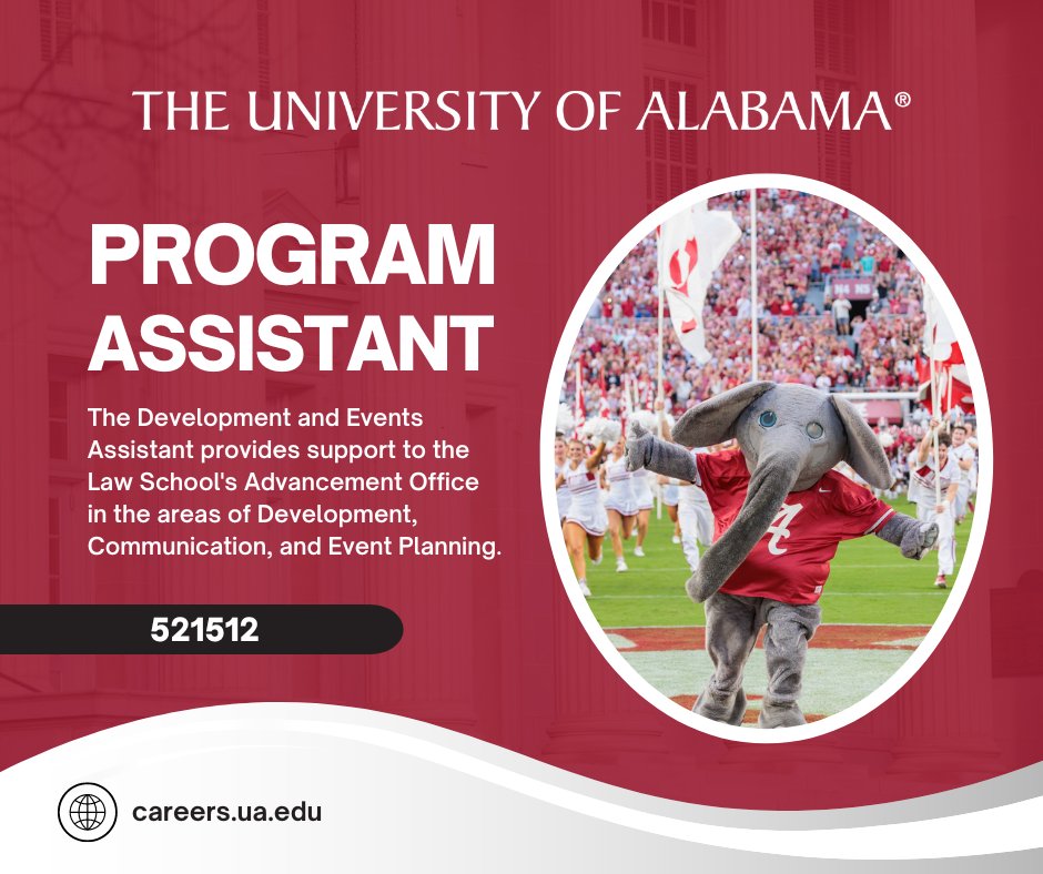 The Development and Events Assistant provides support to the Law School's Advancement Office in the areas of Development, Communication, and Event Planning.

For more information and to apply:
bit.ly/3uk57Di

#UAJobs #rolltide #UA #NowHiring #Work4UA #jobs4vets