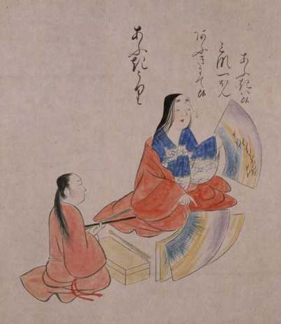 ここでも蝙蝠扇がちゃんと五本骨になっている。扇面だけ見本に出してあるから、あとで骨を付けるんでしょうね。扇面古写経や職人尽歌合の雰囲気があっていいですね。 