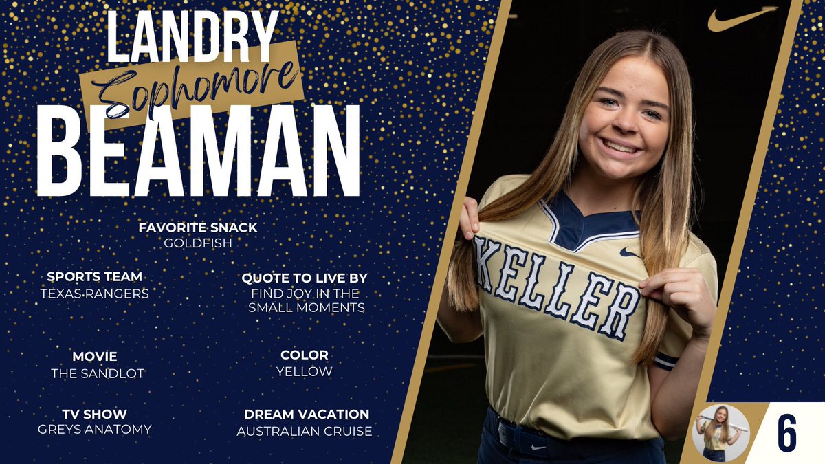 Keller_Softball's tweet photo. Day 25 of #MeetTheProgram! Today, let's highlight the skills of our Sophomore Second Baseman, Landry! Fun fact: She got her head stuck in a fence at Disney when she was 3! Her presence in the infield adds precision and teamwork to our game! 🥎💫 #SecondBaseMaestro https://t.co/Nx5fTp43Oj