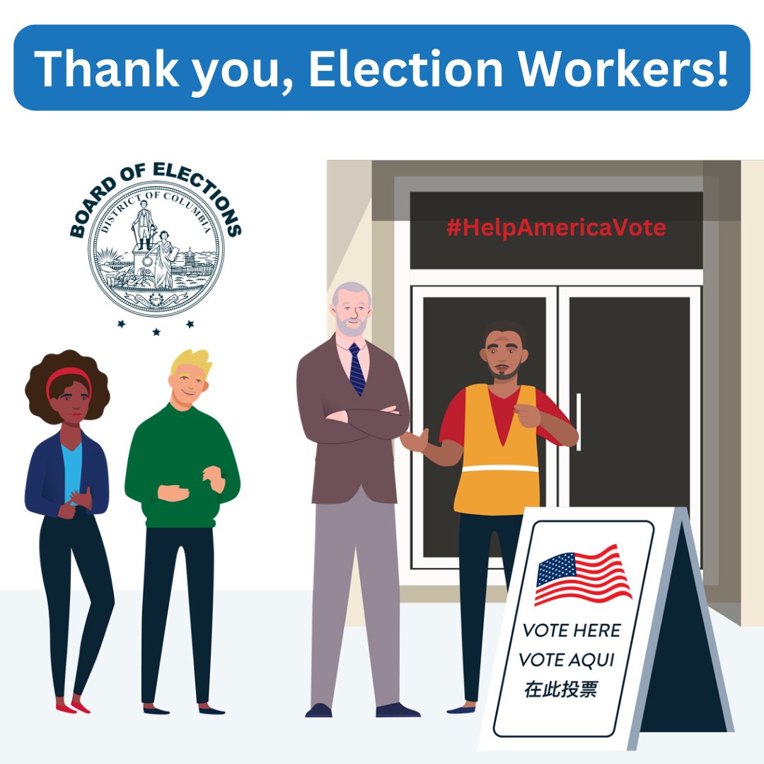 Election Workers are a crucial part of @Vote4DC's election process. They help keep our elections safe, secure, and accessible. Do you know any Election Workers? Tag them and thank them for their hard work! #HelpAmericaVote #dcboe