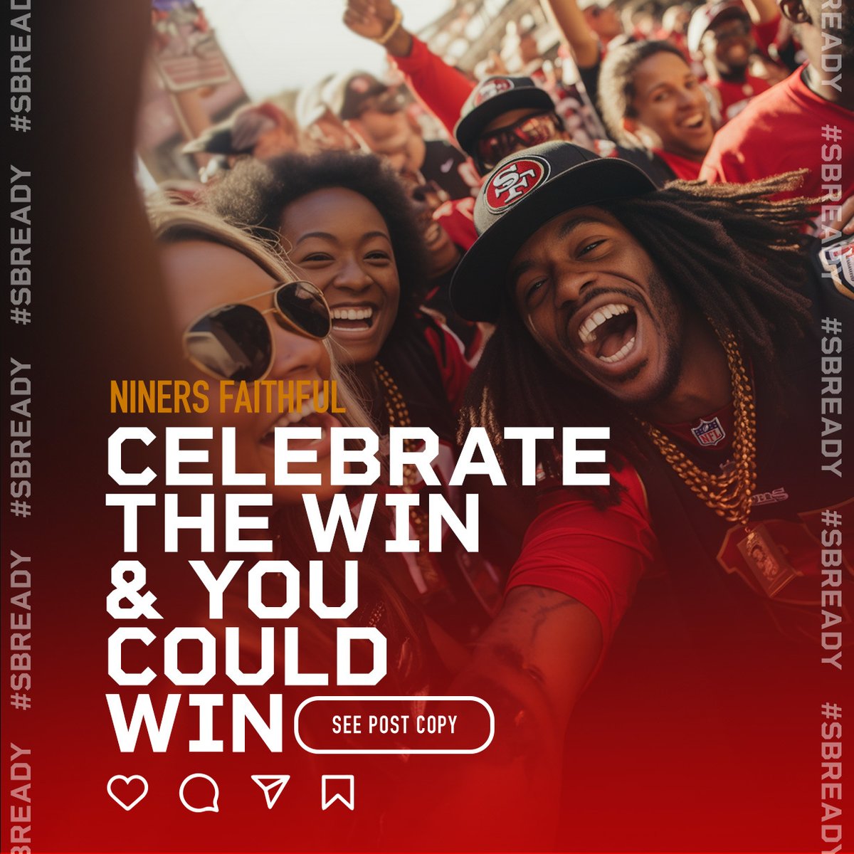 Fanatics's tweet photo. Niners Faithful, we wanna see you celebrating! If 1000+ of you post a pic sharing your Niners pride, we'll give the first 1000 fans to post $58 FanCash to use just in time for SB58. Remember, tag @fanatics & #SBready. Terms here: https://t.co/wS2jEooJTL https://t.co/DynwNKls49