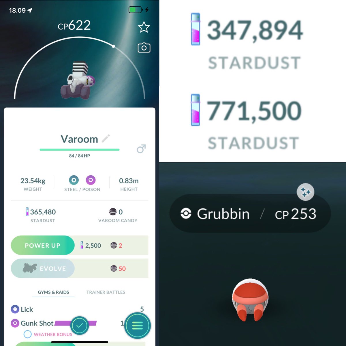 still_tia's tweet photo. @PurpleFeebas Hatched a 84% Varoom from my first 12 km egg, got some Stardust during spotlight hour and found a (not exciting at all) shiny 1,5h later. https://t.co/3M6nb7pM5l