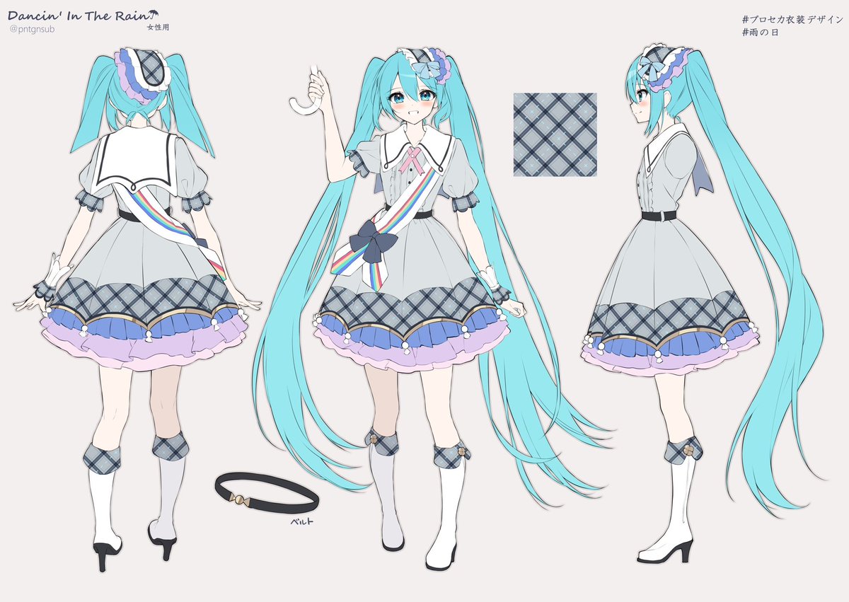 hatsune miku 1girl dress twintails long hair multiple views simple background boots  illustration images