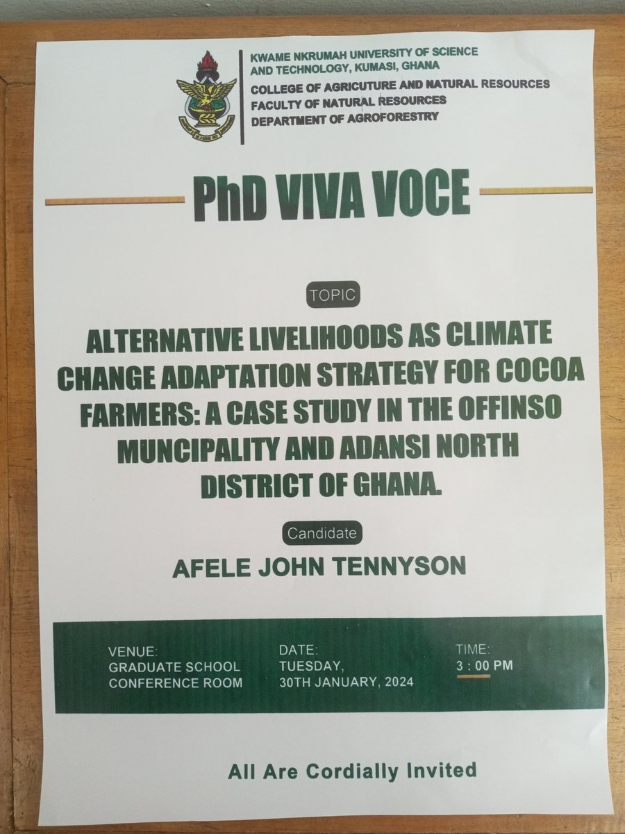 AGF_knust's tweet photo. Congratulations to Afele John Tennyson @afeletennyson on the successful defense of his Ph.D. thesis today at the School of Graduate Studies @KNUSTGH 

#agroforestryknust https://t.co/cYT1HeDzV6