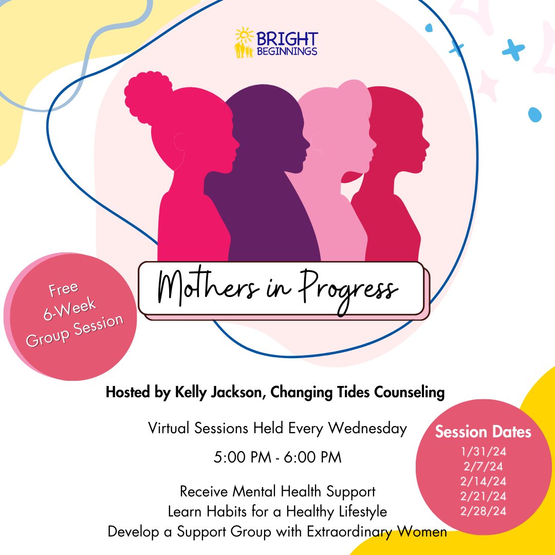 Come join BBI for a 6-week group session of Mothers in Progress, led by Kelly Jackson from Changing Tides Counseling. Virtual sessions meet every Wednesday from 5:00 pm to 6:00 pm. Reach out to India Ridley to secure your spot!

#BBIDC #MentalHealthMatters #BBICommunity