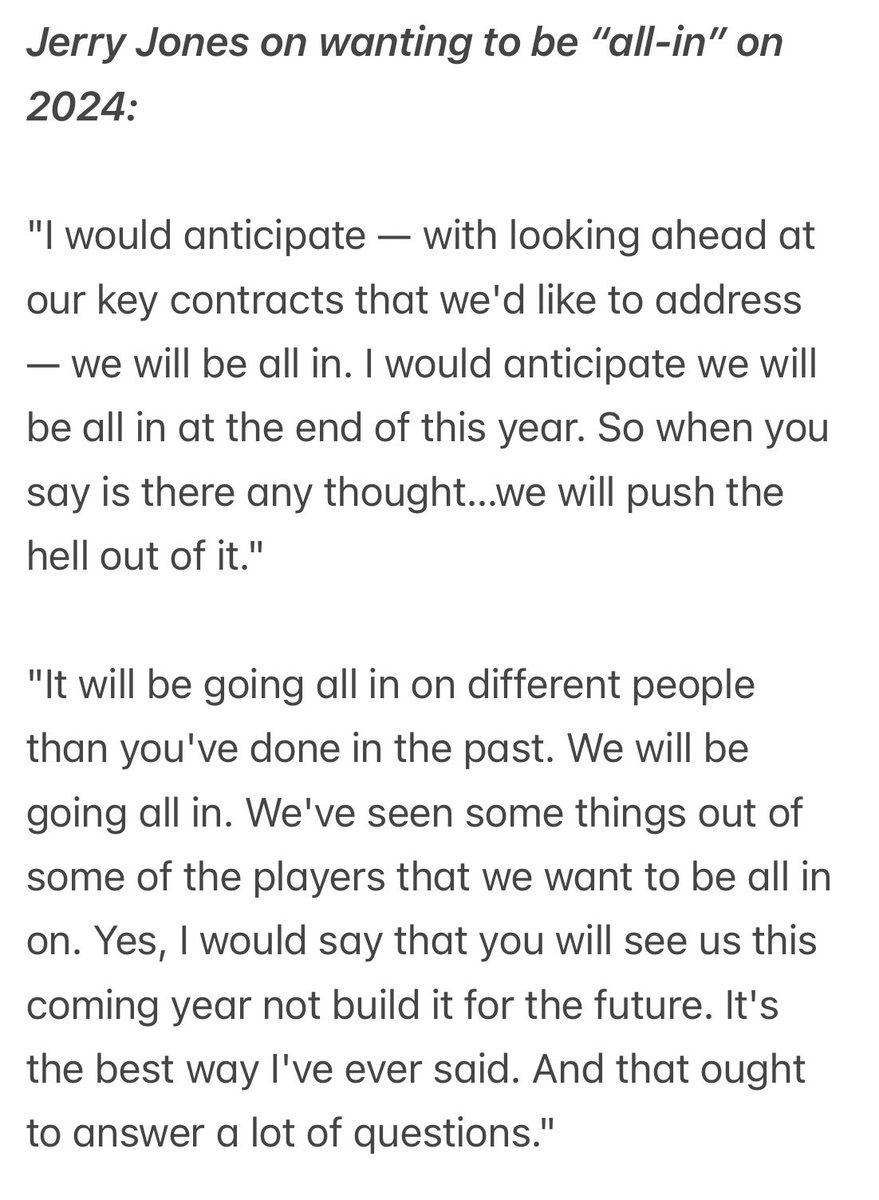NickHarrisFWST's tweet photo. Cowboys owner and GM Jerry Jones spoke on Tuesday in Mobile about going “all-in” in 2024, to which he offered that they will “push the hell out of it” to reach a different height next season.

#DallasCowboys https://t.co/CB4iUp3WAd