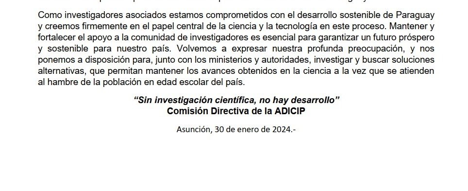 Ante la conocida situación que desencadenó la presentación del proyecto de Ley que crea el FONAE y afecta al FONACIDE, La ADICIP comunica:
<a href="/SurCiencia/">Ciencia del Sur</a> <a href="/SCientificaPy/">Sociedad Científica del Paraguay</a> @feeipy <a href="/conacytparaguay/">Conacyt Paraguay</a> <a href="/ABCDigital/">ABC Digital</a> <a href="/UltimaHoracom/">Última Hora</a> <a href="/nanduti/">Ñanduti</a> <a href="/780AM/">Radio 780 AM</a> <a href="/680CARITAS/">Radio Cáritas UC</a>