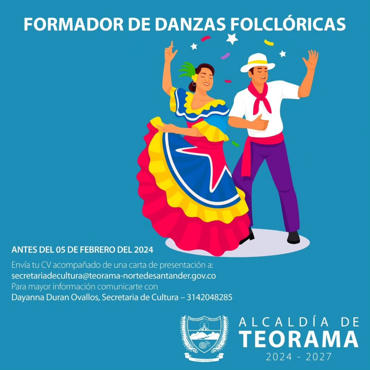 alcteorama's tweet photo. ¡Tienes experiencia y eres apasionados por las artes, la danza, el teatro y la música! La Alcaldía Municipal de Teorama te invita a postular tu hoja de vida y hacer parte del equipo de artistas formadores de la casa de Cultura.
Envía tu Hoja de Vida. https://t.co/70Dra6Qdhw