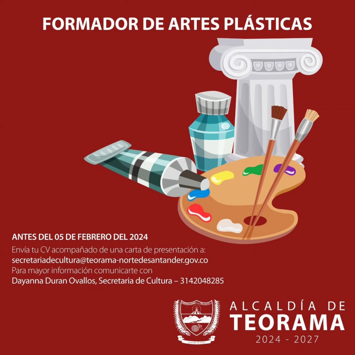 alcteorama's tweet photo. ¡Tienes experiencia y eres apasionados por las artes, la danza, el teatro y la música! La Alcaldía Municipal de Teorama te invita a postular tu hoja de vida y hacer parte del equipo de artistas formadores de la casa de Cultura.
Envía tu Hoja de Vida. https://t.co/70Dra6Qdhw