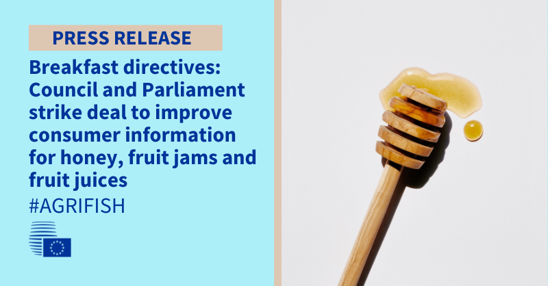 EUCouncilPress's tweet photo. Sweet news: @EUCouncil and @Europarl_EN negotiators agreed on improved labelling rules for honey, fruit jams and fruits juices π―ππ
Read the press release for the details π