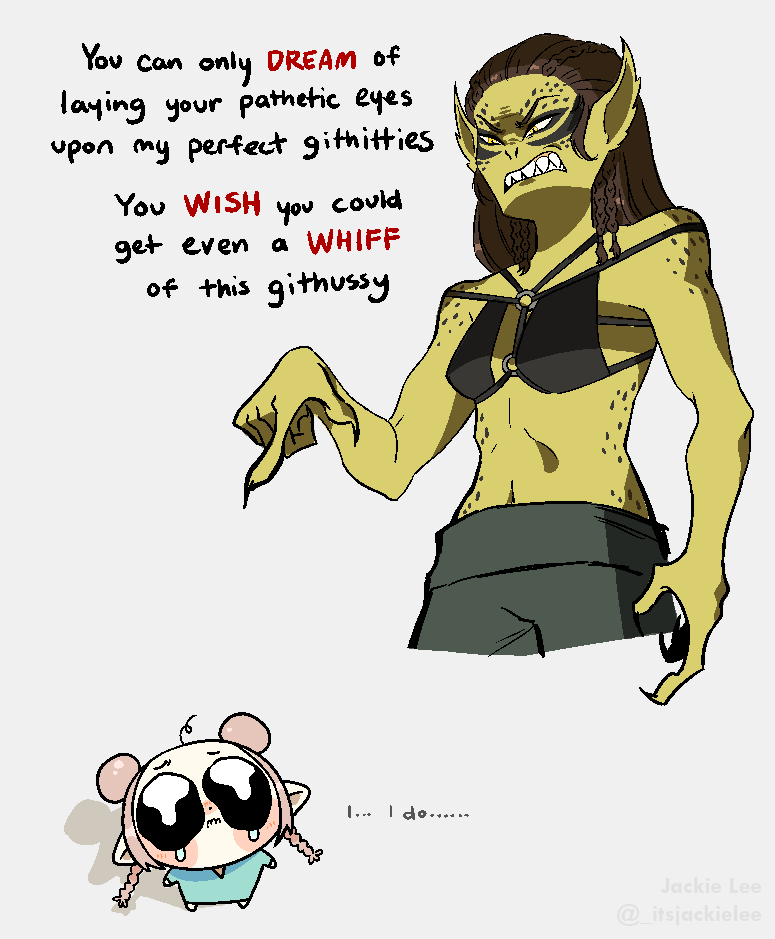 (NSFW text) i tried to sleep with lae'zel when my relationship with her wasn't high enough : ( .......... 