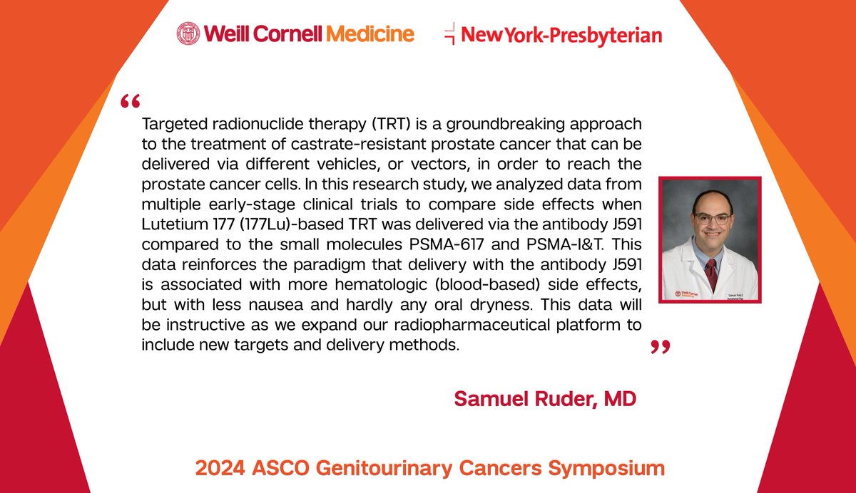 Second year @WCMHemOncFellow Dr. Samuel Ruder (@realsamruder) shared #research @ASCO #GU24 analyzing #ProstateCancer #ClinicalTrial data to compare side effects between #PSMA-targeted radionuclide therapy (TRT) delivery methods: bit.ly/3Oq9Wlw
