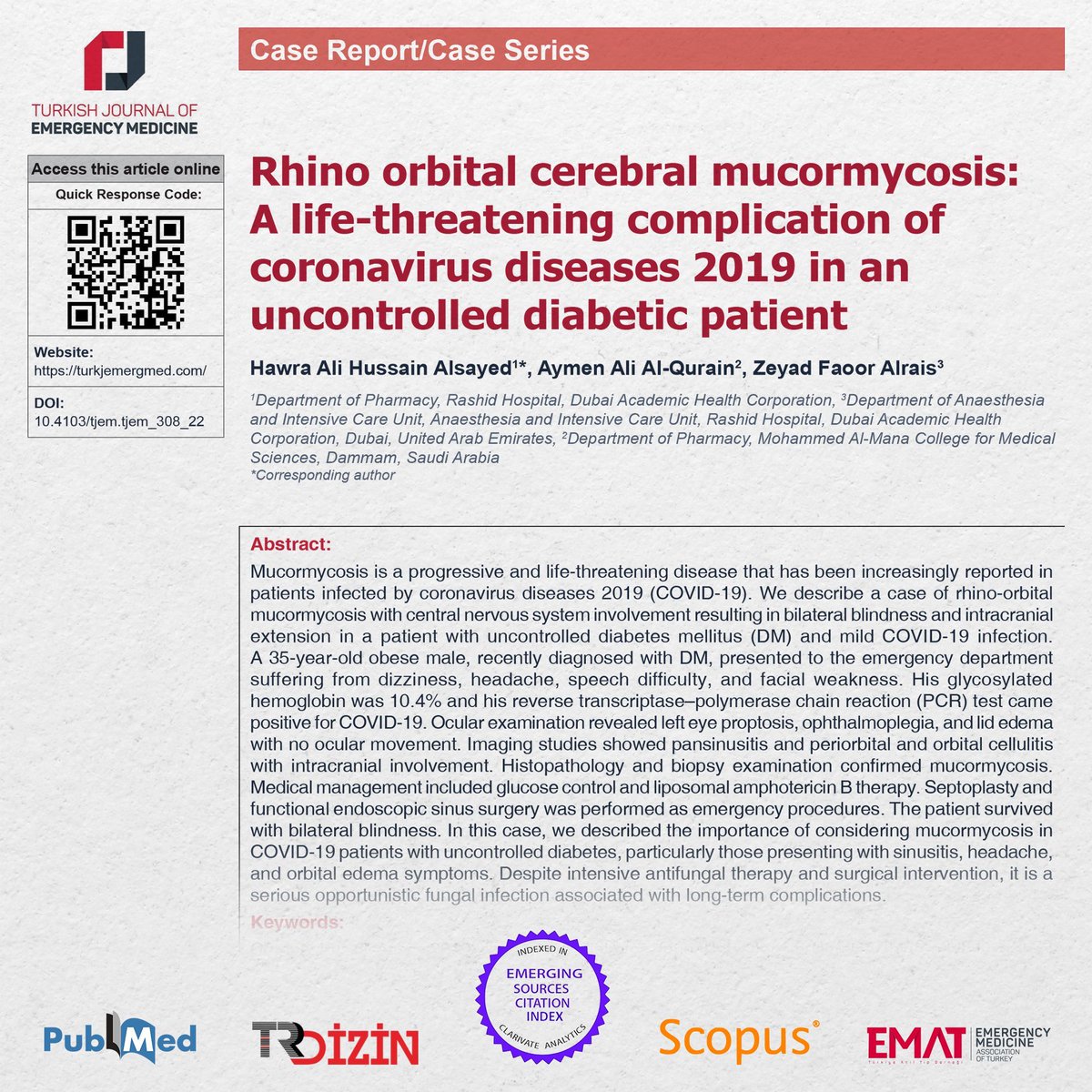 Article from 2024/1: Alsayed et al Rhino orbital cerebral mucormycosis: A life-threatening complication of coronavirus diseases 2019 in an uncontrolled diabetic patient #TurkJEmergMed #FOAMed #MedEd #EmergencyMedicine #EvidenceBasedMedicine #CaseReport To: buff.ly/3vQRTOW