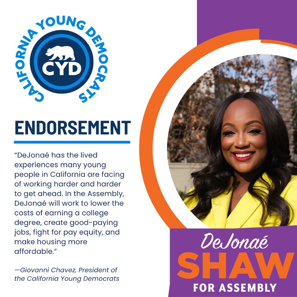 As a Young Dem, I am incredibly honored to have been endorsed by the California Young Democrats. Young people make up a small fraction of representatives in government. Our voices and ideas matter too. #BeTheChangeYouWishToSee #ShawForAssembly #TogetherWeCan
