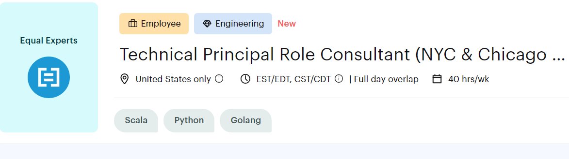 elruloinforma's tweet photo. #usa #Engineeringing #Employee #Work #hot #job #us #workusa #eeuu
Technical Principal Role Consultant (NYC & Chicago Based) -$170k – 250k/yr
#Scala
#Python
#Golang
Apply as a Talent Here https://t.co/eClihHOWIf fill all https://t.co/eClihHOWIf
Job for @EqualExperts https://t.co/XQeVqBf5H4