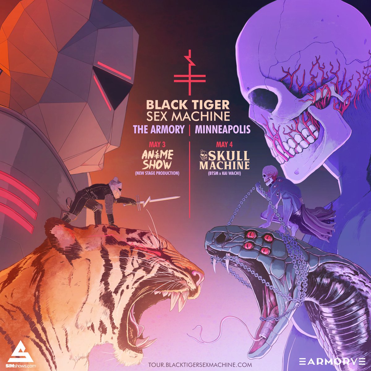 SIMshows's tweet photo. 🚨ANNOUNCEMENT + CONTEST🚨

BLACK TIGER SEX MACHINE

May 3rd &amp; 4th • @ArmoryMn 

Night 1: Brand New ANIME SHOW!
Night 2:  SKULL MACHINE (B2B w/ Kai Wachi)

Tickets go on sale Fri at 10am
https://t.co/cqUiIzVzqO

🎫For a chance to win a pair of tickets to the show:
#LIKE &amp; RT https://t.co/2A81yYgOJ6
