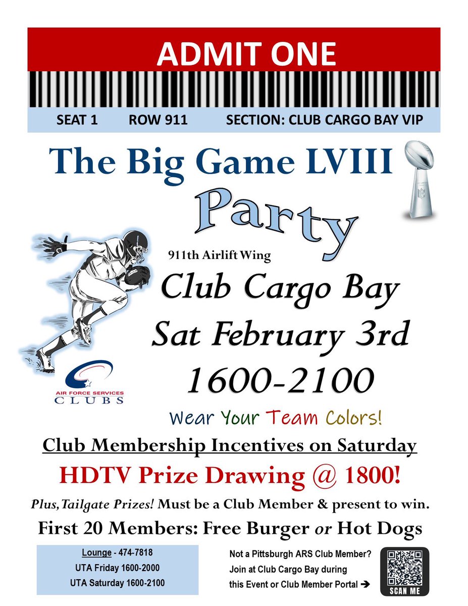 Who wants to WIN a Big Screen HDTV just in time for football’s biggest game?!  Air Force Club Members can register at the Big Game LVIII Party this Saturday! Join here: myairforcelife.com/club-membershi…