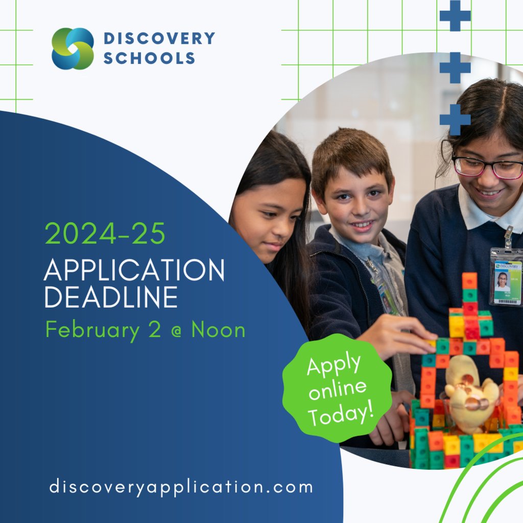 Our application window closes on Friday, Feb. 2 @ noon. Complete and submit your application for the 24-25 school year online at discoveryapplication.com.