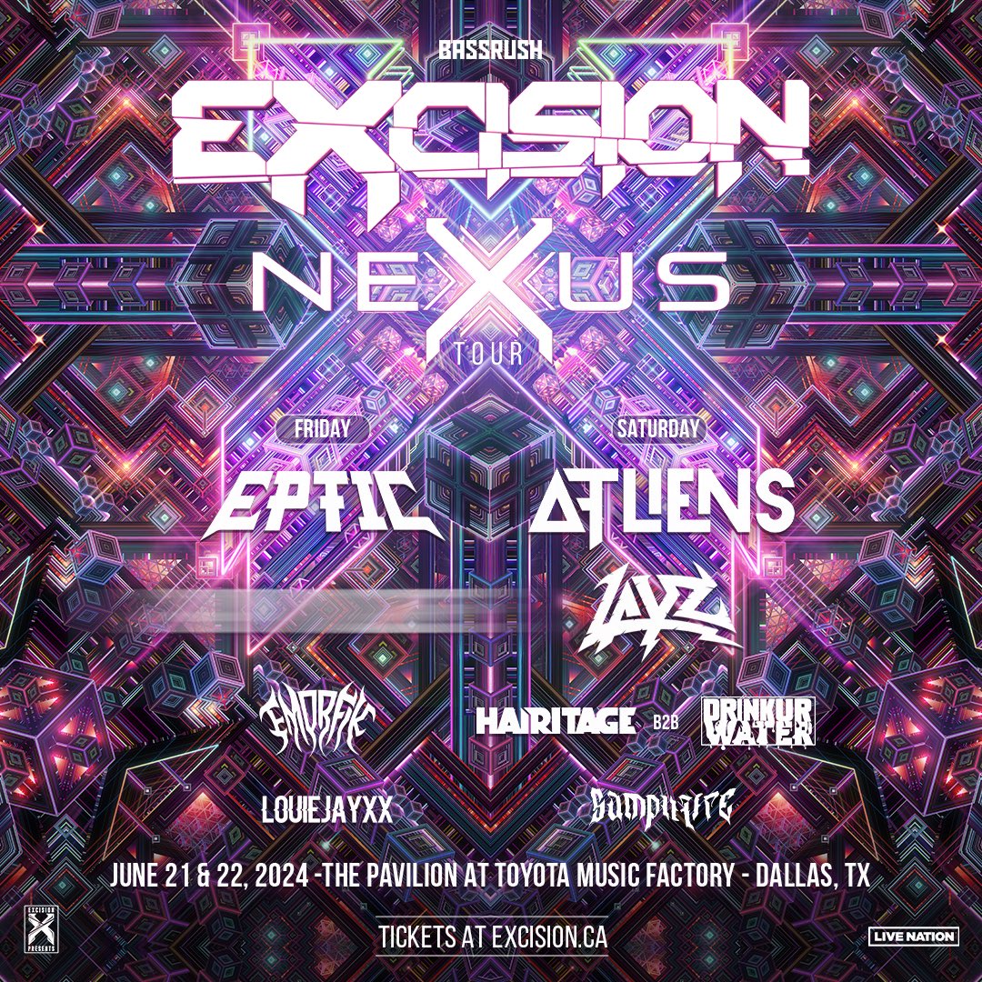 DFW FAM‼️ RT &amp; Tag a friend for a chance to win 2 2-Day tickets to <a href="/Excision/">Excision</a> NEXUS TOUR‼️ 🙅‍♂️

•Must Follow
<a href="/LiveNationDFW/">Live Nation DFW</a>
<a href="/TexasEDMFamily/">TEXAS EDM FAMILY</a>

•Ends 6/17

We will be picking 3 winners each will receive 2 2-Day tickets 😎

Tickets &amp; info
6/21: ticketmaster.com/event/0C005F1D…

6/22: