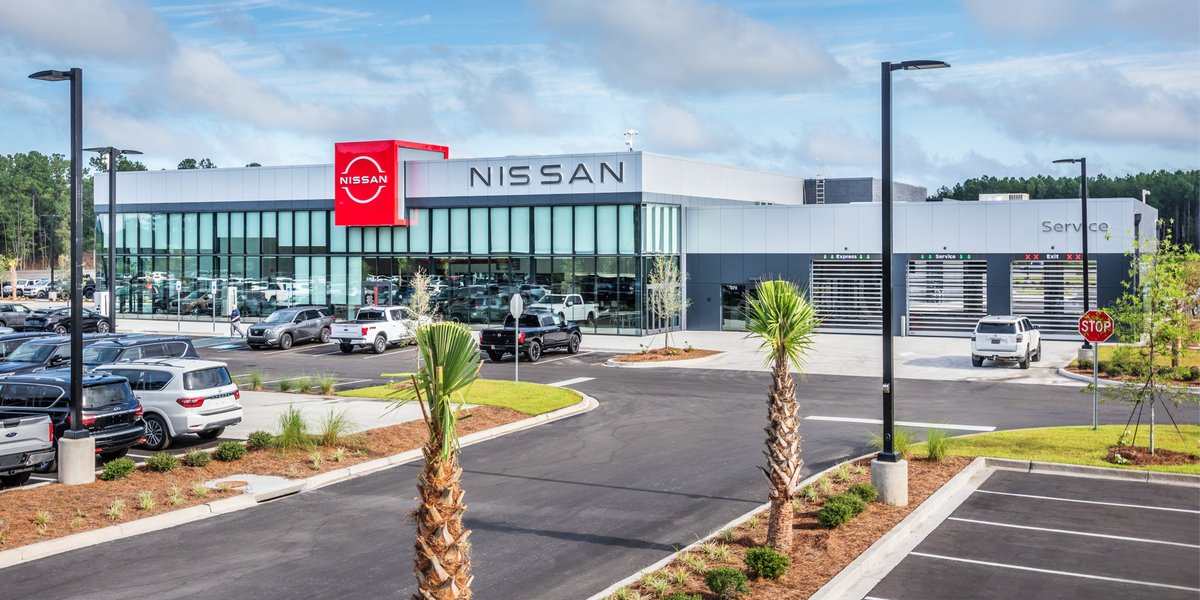 ChoateCo's tweet photo. Congratulations to the Summerville Nissan team on the grand opening of the Hudson Nissan dealership in SC! This two-story, 59,000-SF project facilitates Hudson's expansion in the Charleston area and offers an outdoor lounge and 24 service bays, plus 2 alignment bays. https://t.co/vsic2Hm1Gc