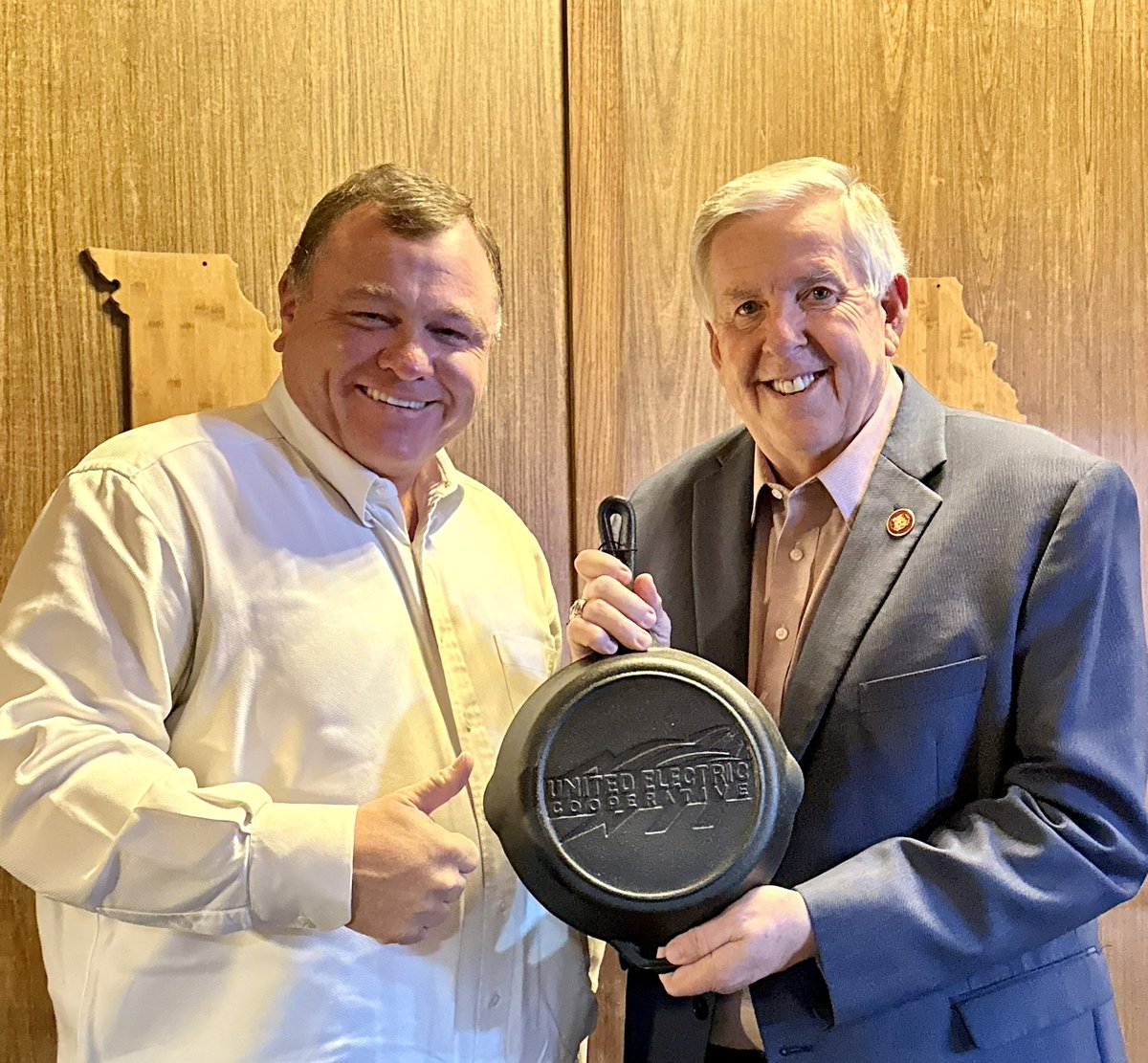 We had @GovParsonMO in the studio today and I sent him home with an official <a href="/UnitedElecCoop/">United Electric Coop</a> iron skillet useful for cooking or for <a href="/FirstLadyTeresa/">First Lady Teresa Parson</a> to keep him in line with.