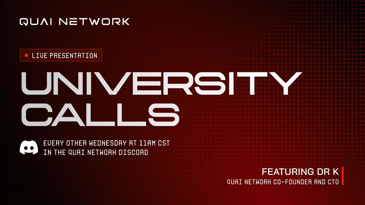 QuaiNetwork's tweet photo. Dominant Strategies CTO @mechanikalk is back with another live Quai University presentation tomorrow at 11am CST in the Quai Discord!📆 

Join the Discord at the link in bio 🔗 to catch tomorrow's presentation, which will act as an updated "Quai 101" introduction to Quai Network. https://t.co/atbSy9C373