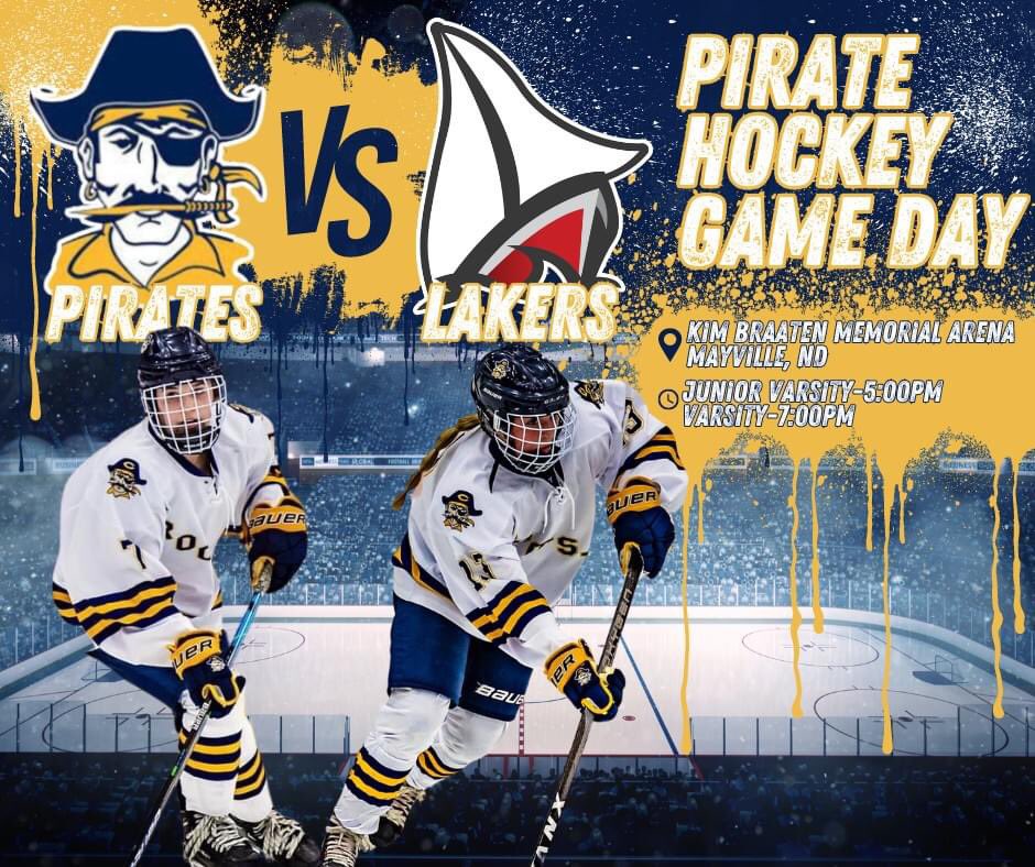 Game Day vs. Detroit Lakes
📍: Kim Braaten Memorial Arena-Mayville, ND
⏰: JV 5:00pm
⏰: Varsity 7:00pm
📻: <a href="/KROXRADIO/">KROX Radio</a> 

#RollPirates